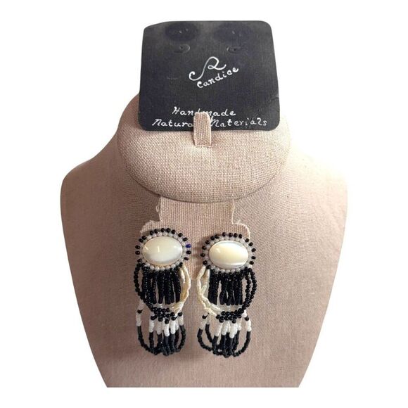 Vintage Mother of Pearl Cabochon Handmade Black & White Beaded Dangle Earrings - Picture 2 of 7